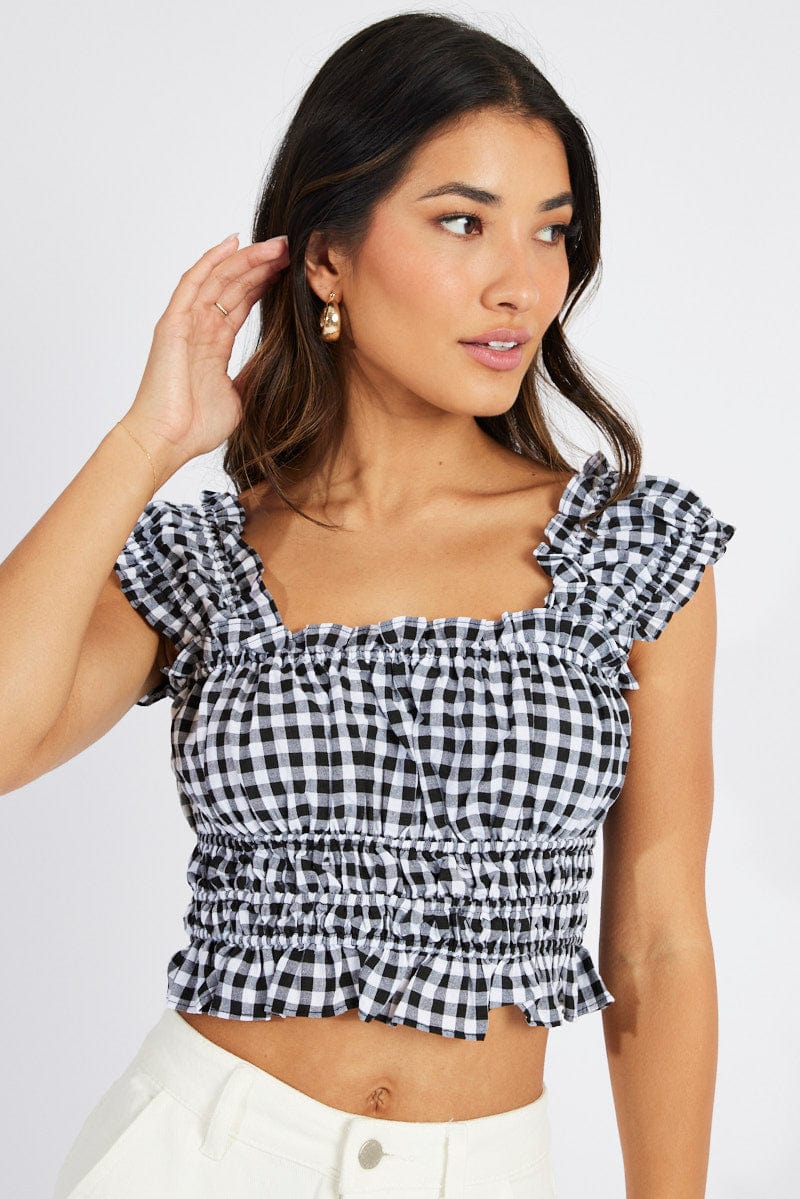Black Check Ruched Top Sleeveless for Ally Fashion