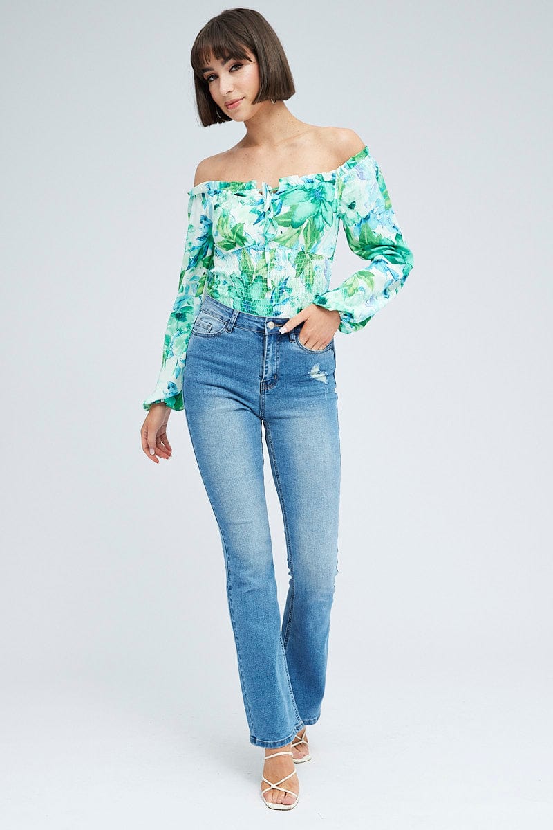 Green Floral Bodysuit Long Sleeve Floral Print for Ally Fashion