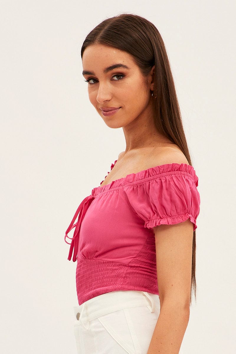 Pink Shirred Bardot Bodysuit Short Sleeve Off Shoulder for Ally Fashion