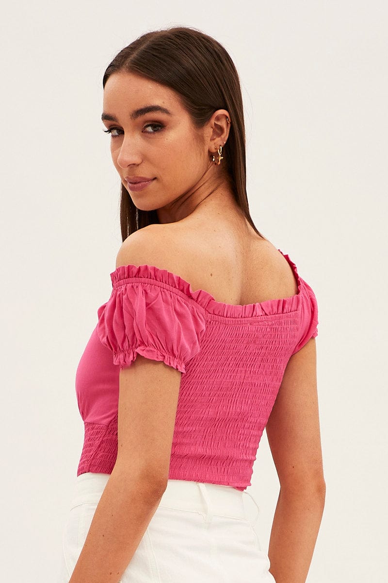 Pink Shirred Bardot Bodysuit Short Sleeve Off Shoulder for Ally Fashion