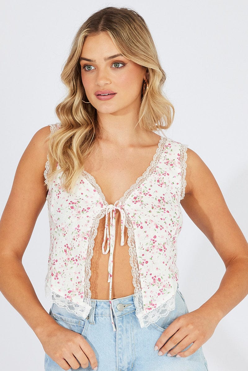 Pink Floral Tie up Front Top Sleeveless for Ally Fashion