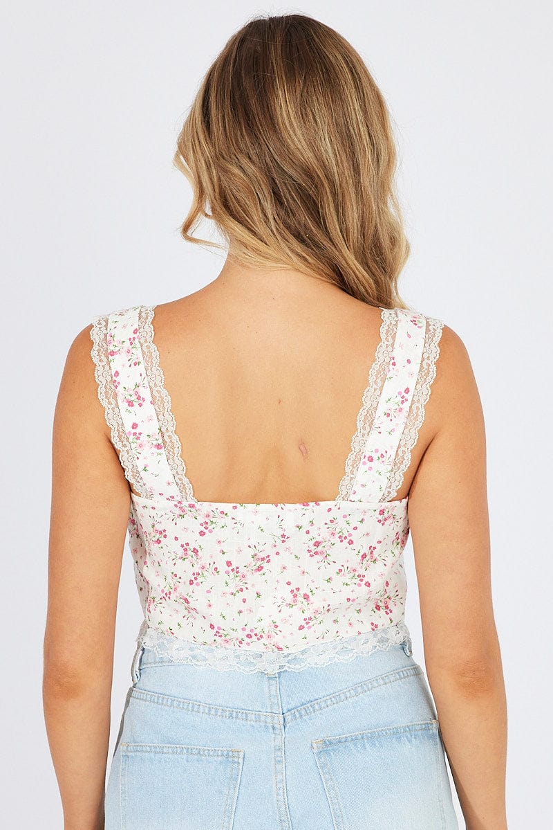 Pink Floral Tie up Front Top Sleeveless for Ally Fashion