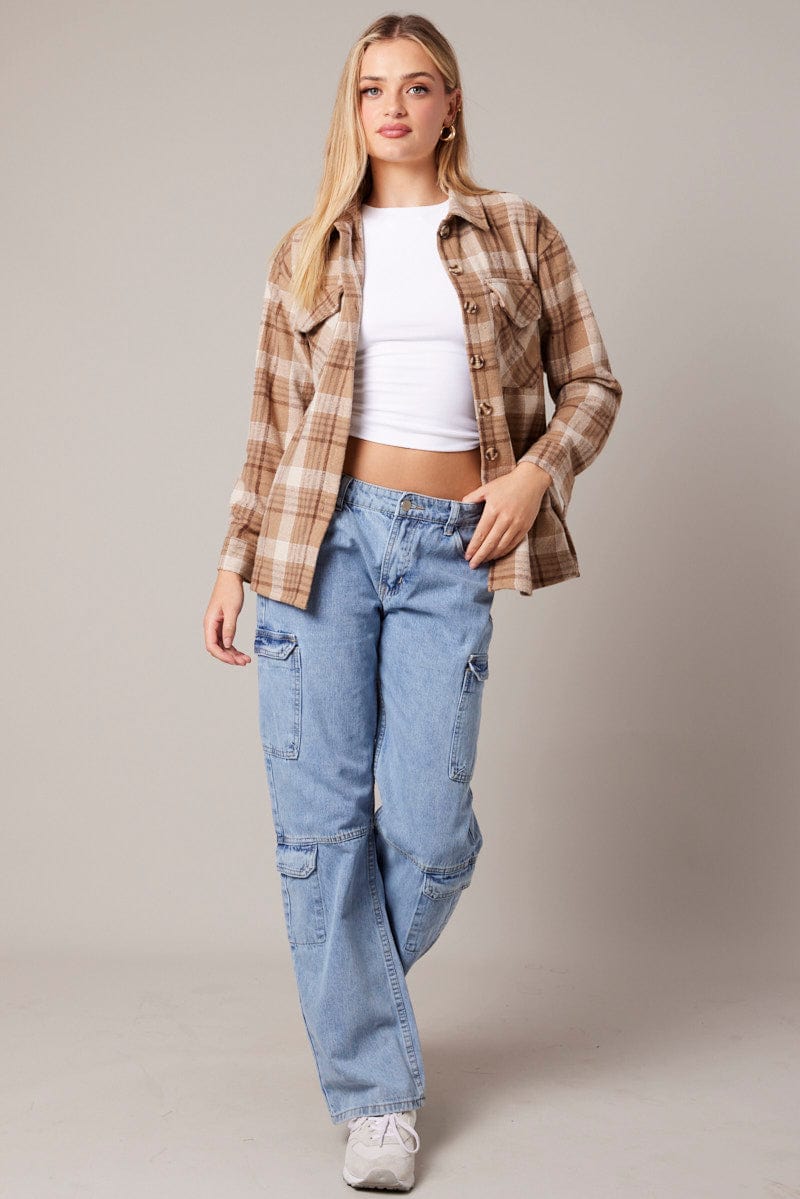 Beige Check Relaxed Shirt Long Sleeve for Ally Fashion