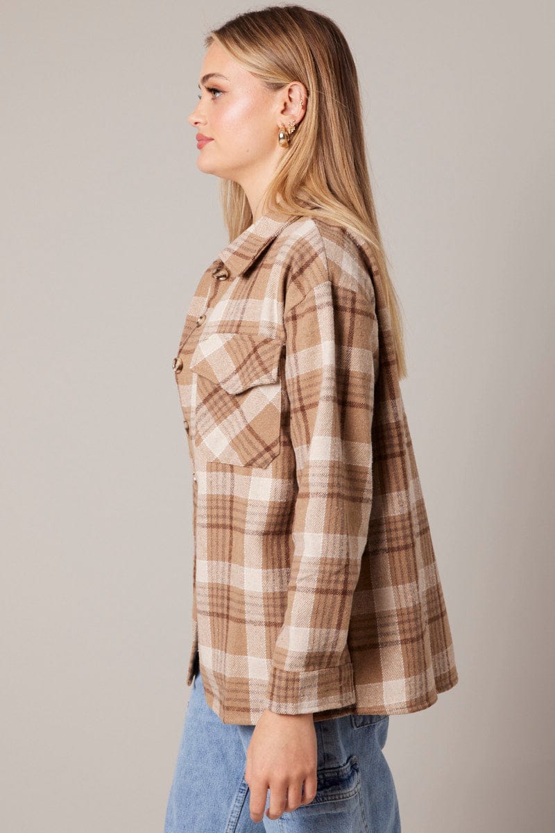 Beige Check Relaxed Shirt Long Sleeve for Ally Fashion