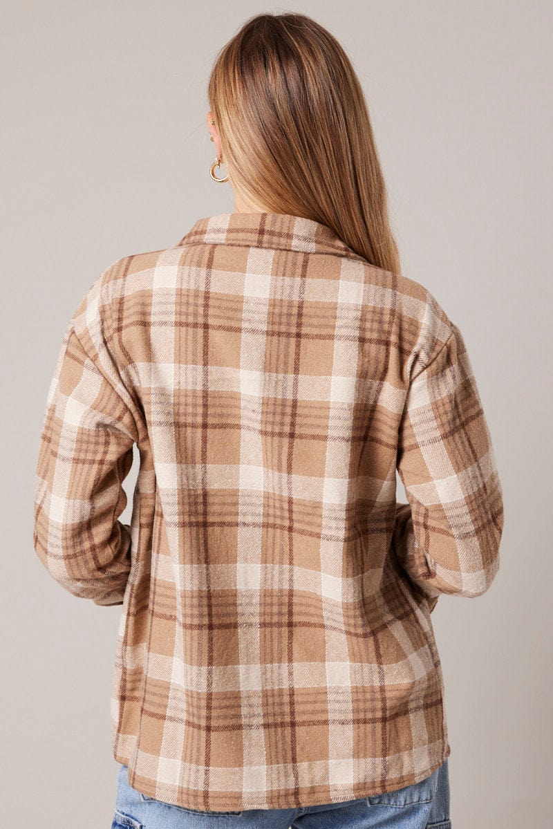 Beige Check Relaxed Shirt Long Sleeve for Ally Fashion