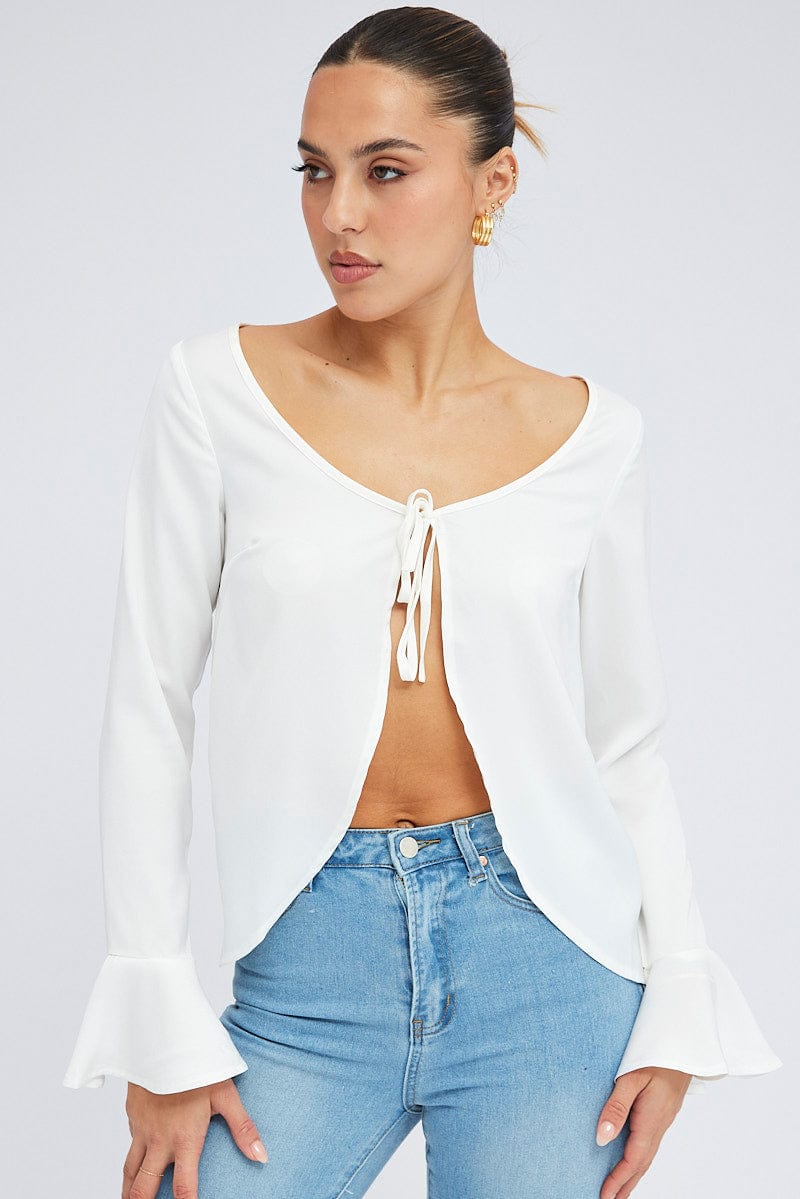 White Tie Front Top Long Sleeve Scoop Neck Satin for Ally Fashion