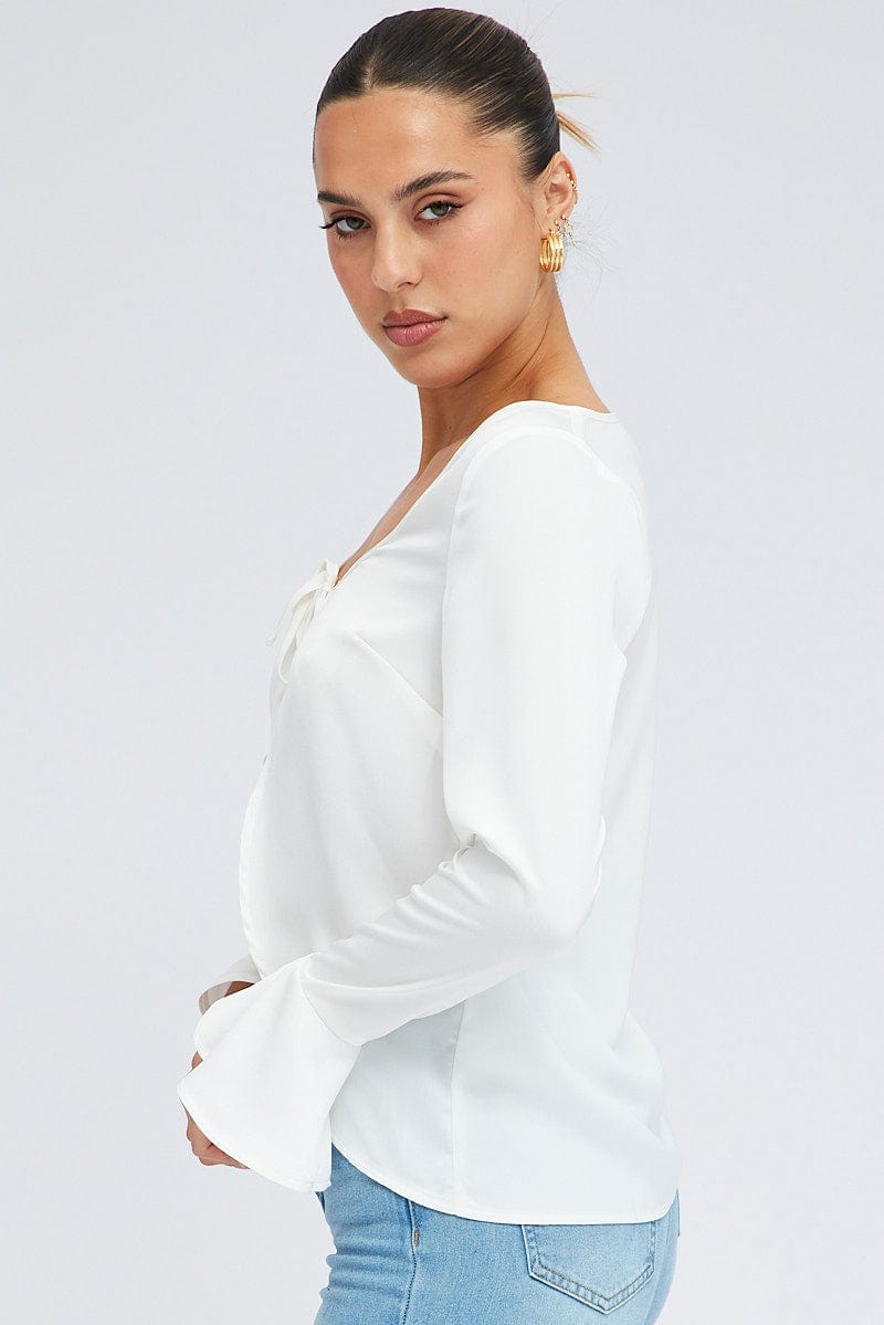 White Tie Front Top Long Sleeve Scoop Neck Satin for Ally Fashion