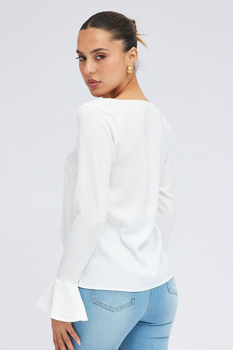 White Tie Front Top Long Sleeve Scoop Neck Satin for Ally Fashion