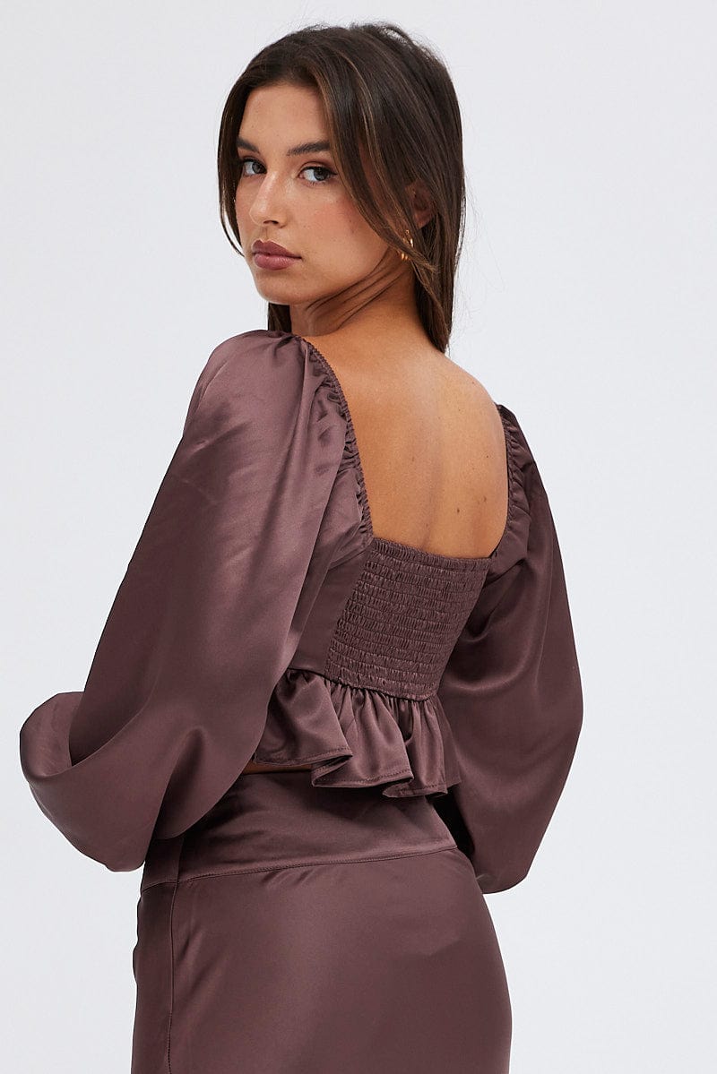 Brown Crop Top Long Sleeve Square Neck Frill Hem Satin for Ally Fashion