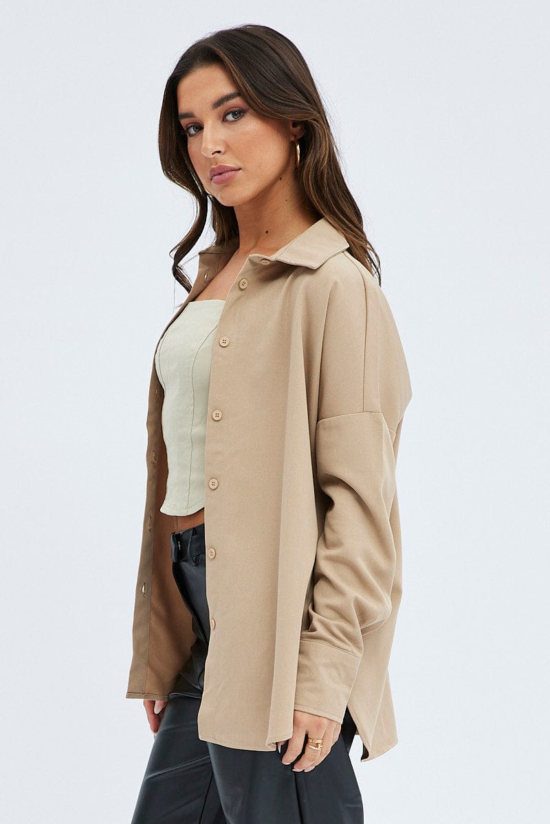Camel Shirt Long Sleeve Collared Oversized Button Up for Ally Fashion