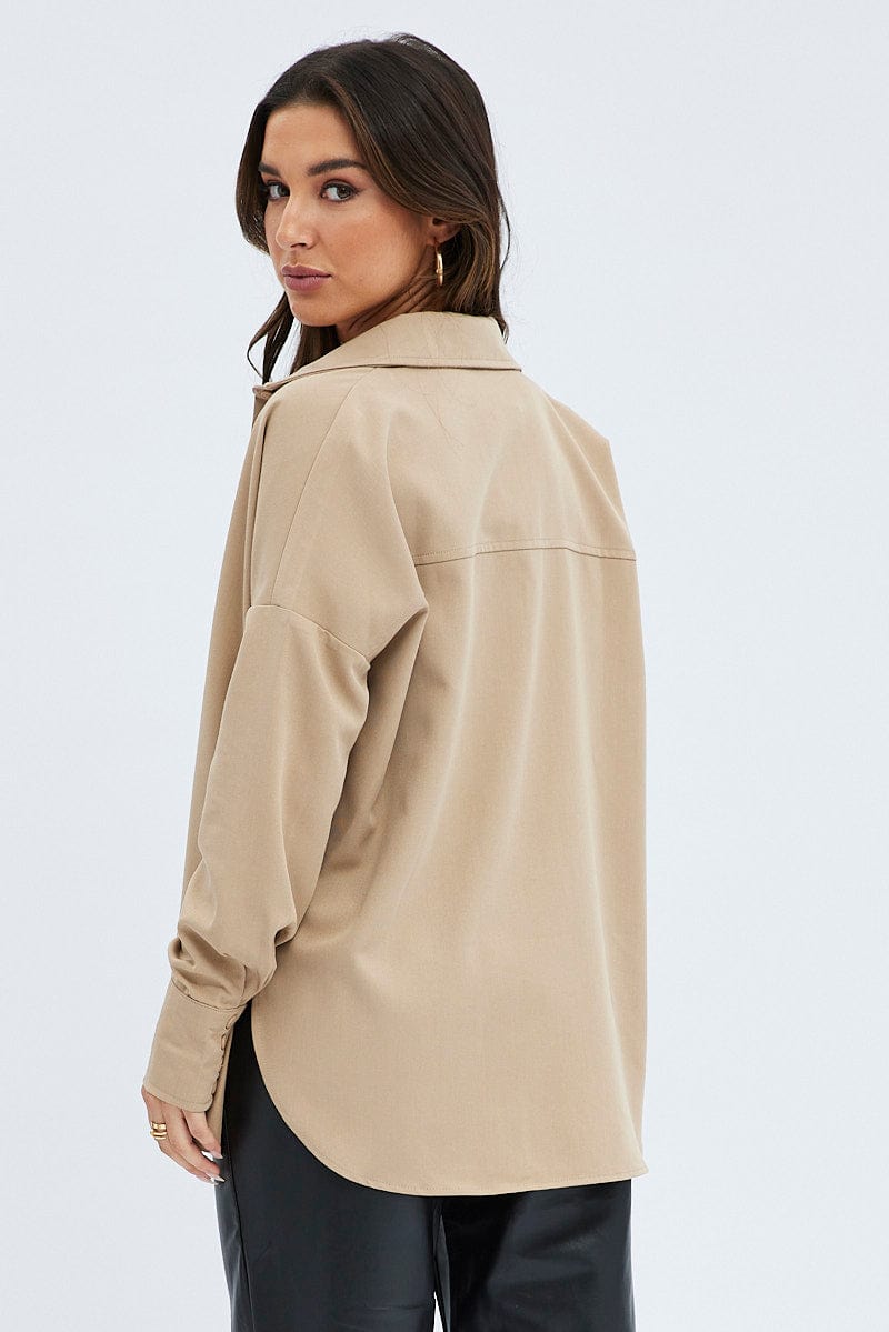 Camel Shirt Long Sleeve Collared Oversized Button Up for Ally Fashion