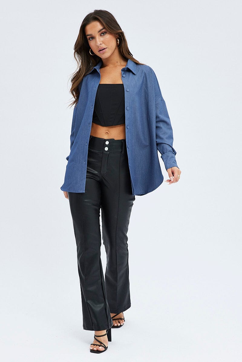 Blue Shirt Long Sleeve Collared Oversized Button Up for Ally Fashion