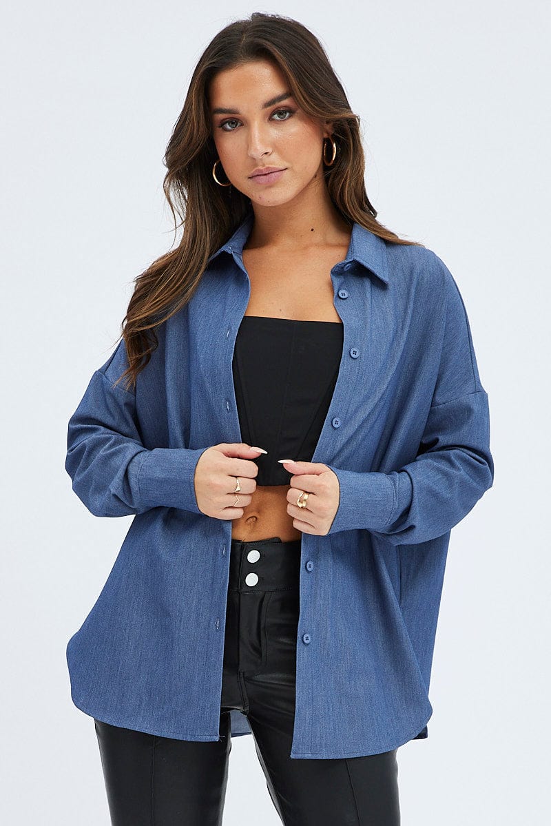 Blue Shirt Long Sleeve Collared Oversized Button Up for Ally Fashion