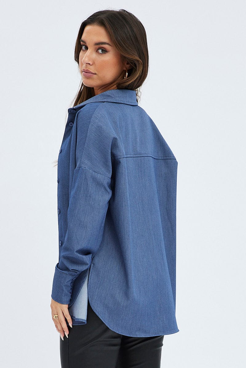 Blue Shirt Long Sleeve Collared Oversized Button Up for Ally Fashion