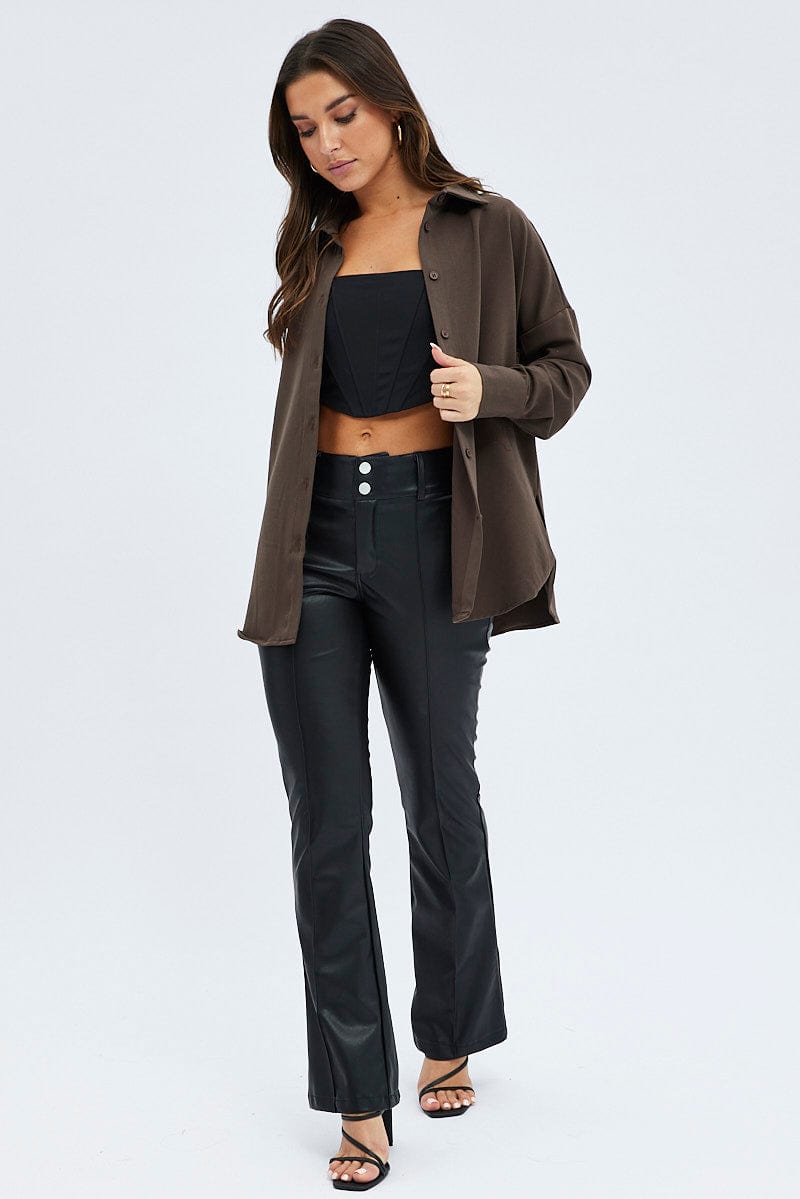 Brown Shirt Long Sleeve Collared Oversized Button Up for Ally Fashion