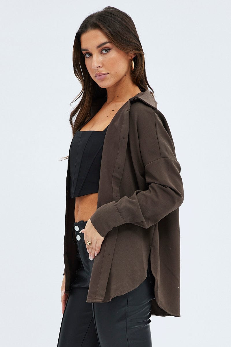 Brown Shirt Long Sleeve Collared Oversized Button Up for Ally Fashion