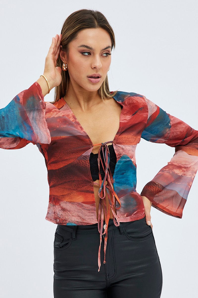 Multi Abstract Top Long Sleeve V-Neck Tie Front for Ally Fashion