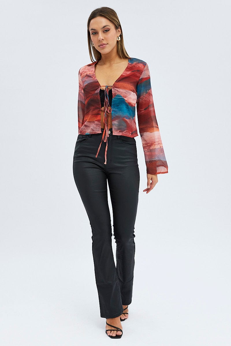 Multi Abstract Top Long Sleeve V-Neck Tie Front for Ally Fashion