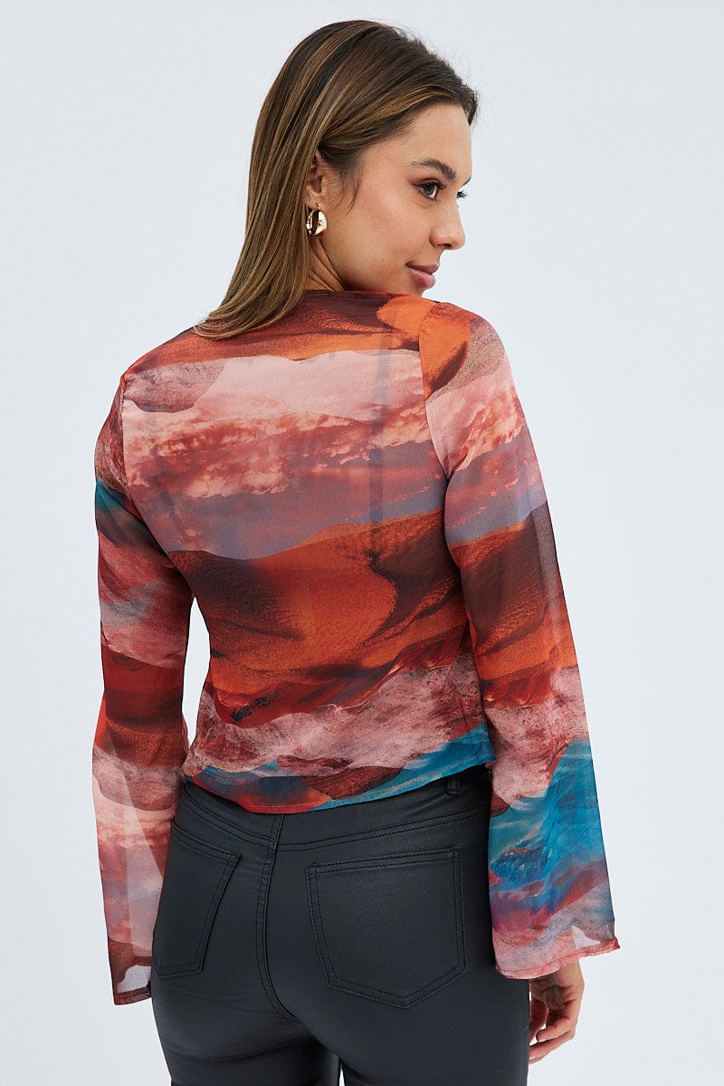 Multi Abstract Top Long Sleeve V-Neck Tie Front for Ally Fashion