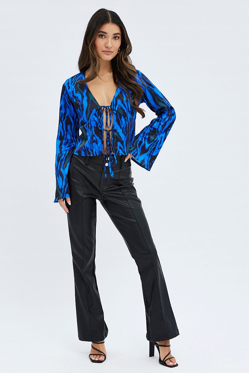 Blue Abstract Top Long Sleeve V-Neck Tie Front for Ally Fashion