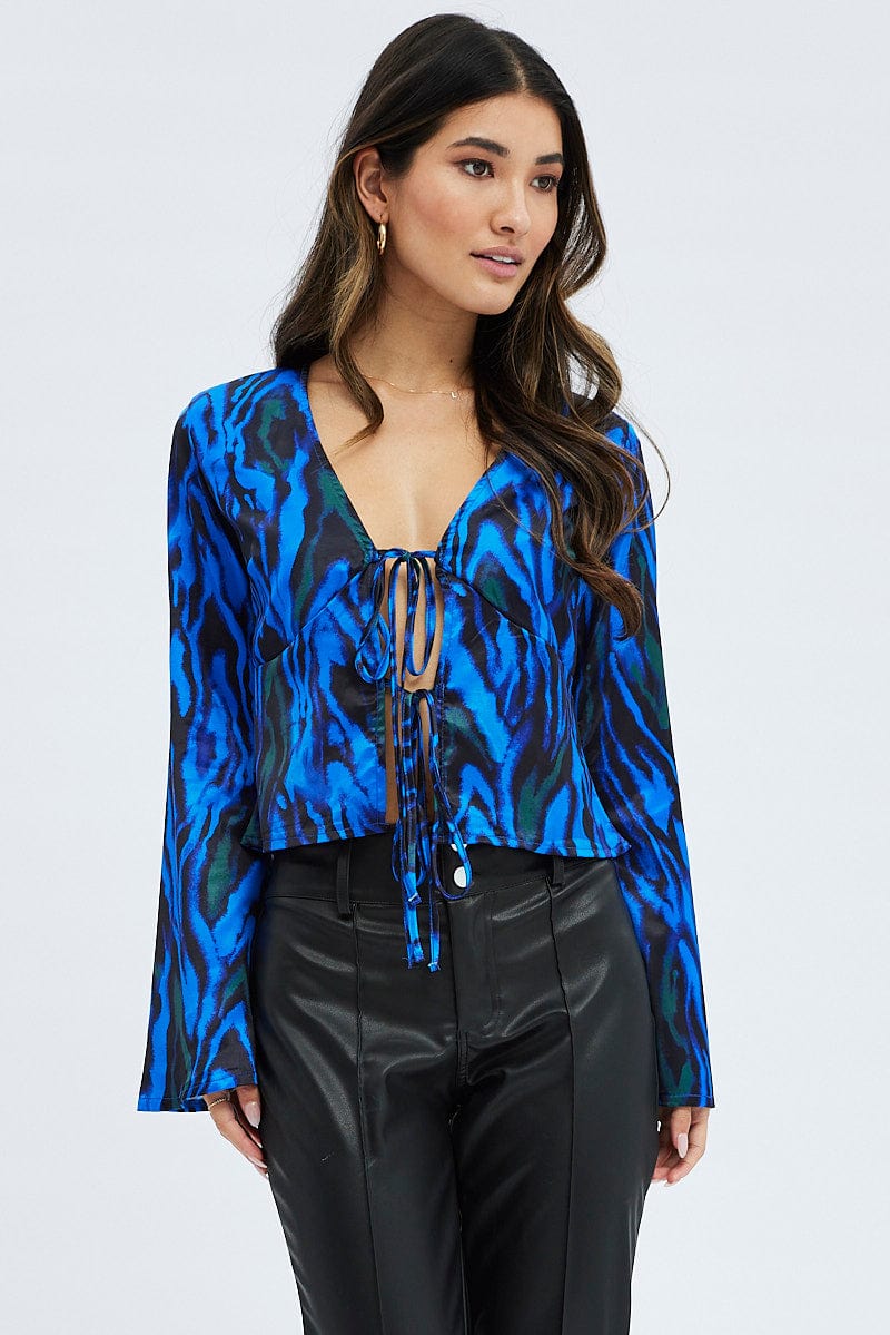 Blue Abstract Top Long Sleeve V-Neck Tie Front for Ally Fashion