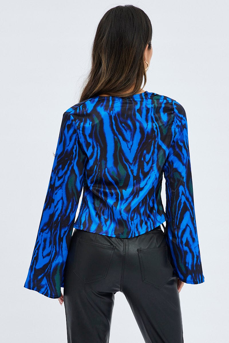 Blue Abstract Top Long Sleeve V-Neck Tie Front for Ally Fashion