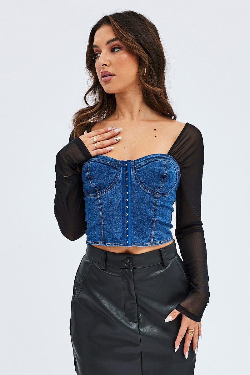 Denim Top Long Sleeve Sweetheart Hook & Eye Stretch for Ally Fashion