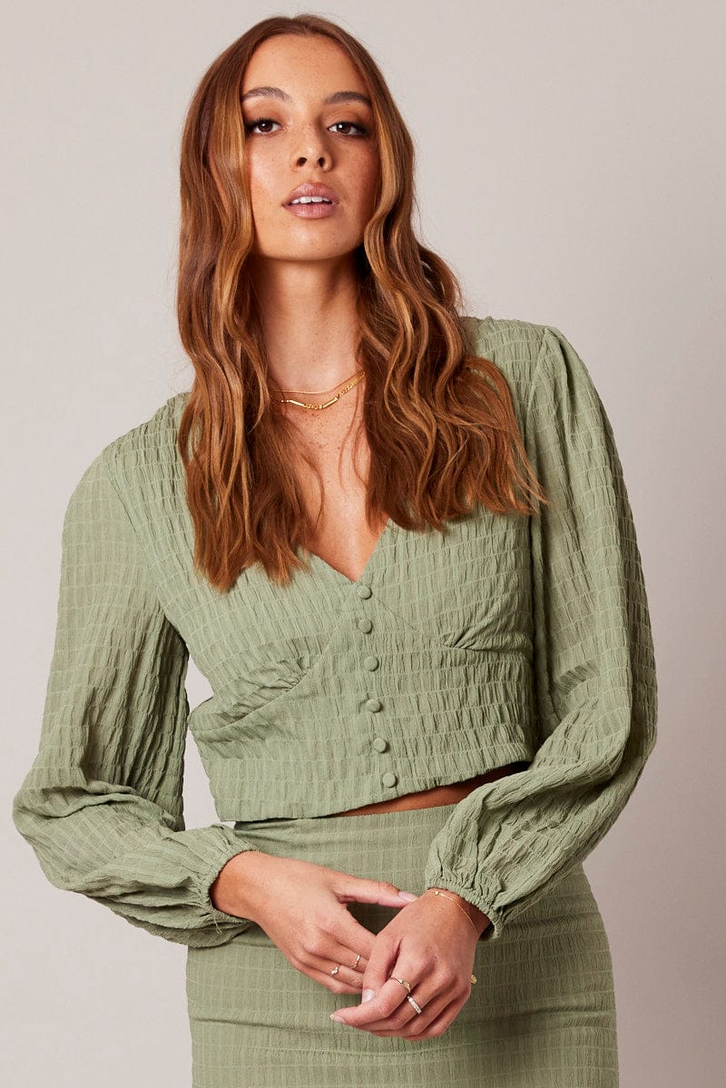 Green Crop Top Long Sleeve Textured for Ally Fashion