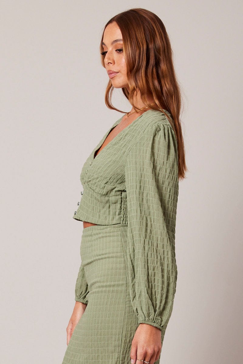 Green Crop Top Long Sleeve Textured for Ally Fashion