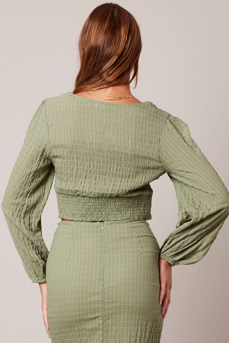 Green Crop Top Long Sleeve Textured for Ally Fashion