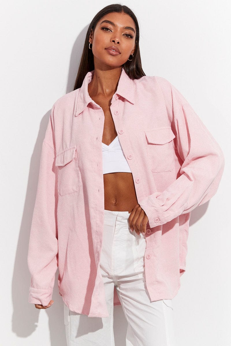 Pink Corduroy Shirt Long Sleeve Collared Neck for Ally Fashion