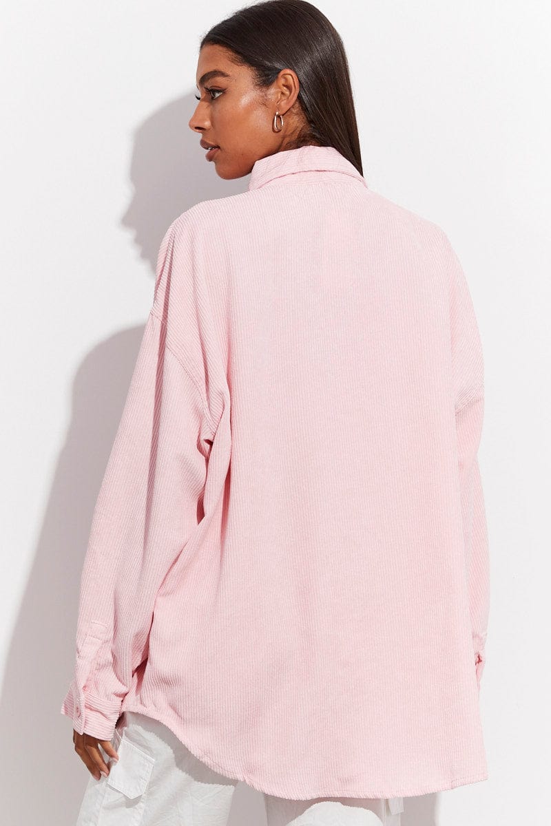 Pink Corduroy Shirt Long Sleeve Collared Neck for Ally Fashion