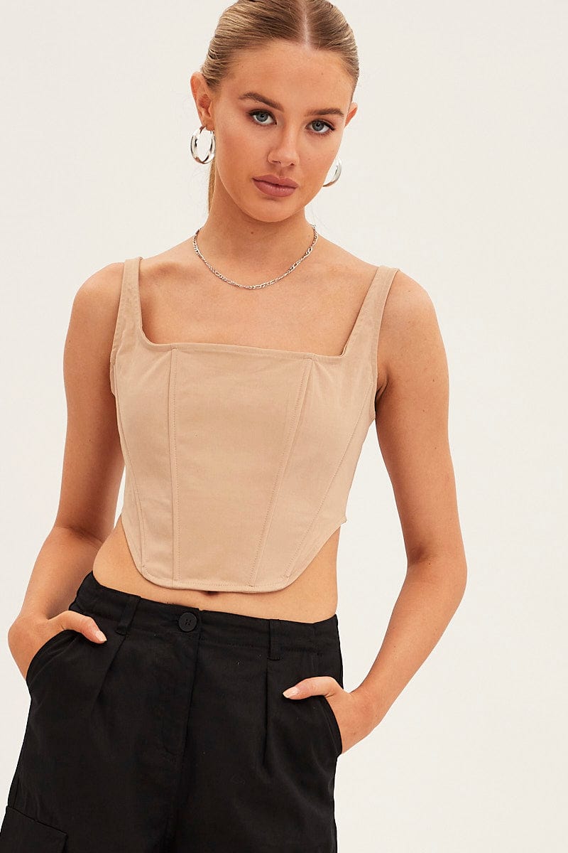 Beige Corset Top Sleeveless Square Neck Structured for Ally Fashion