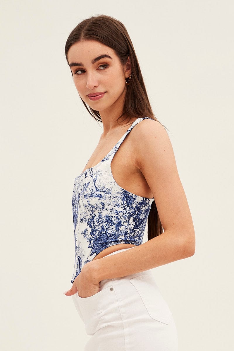 Blue Print Corset Top Sleeveless Square Neck Crop for Ally Fashion