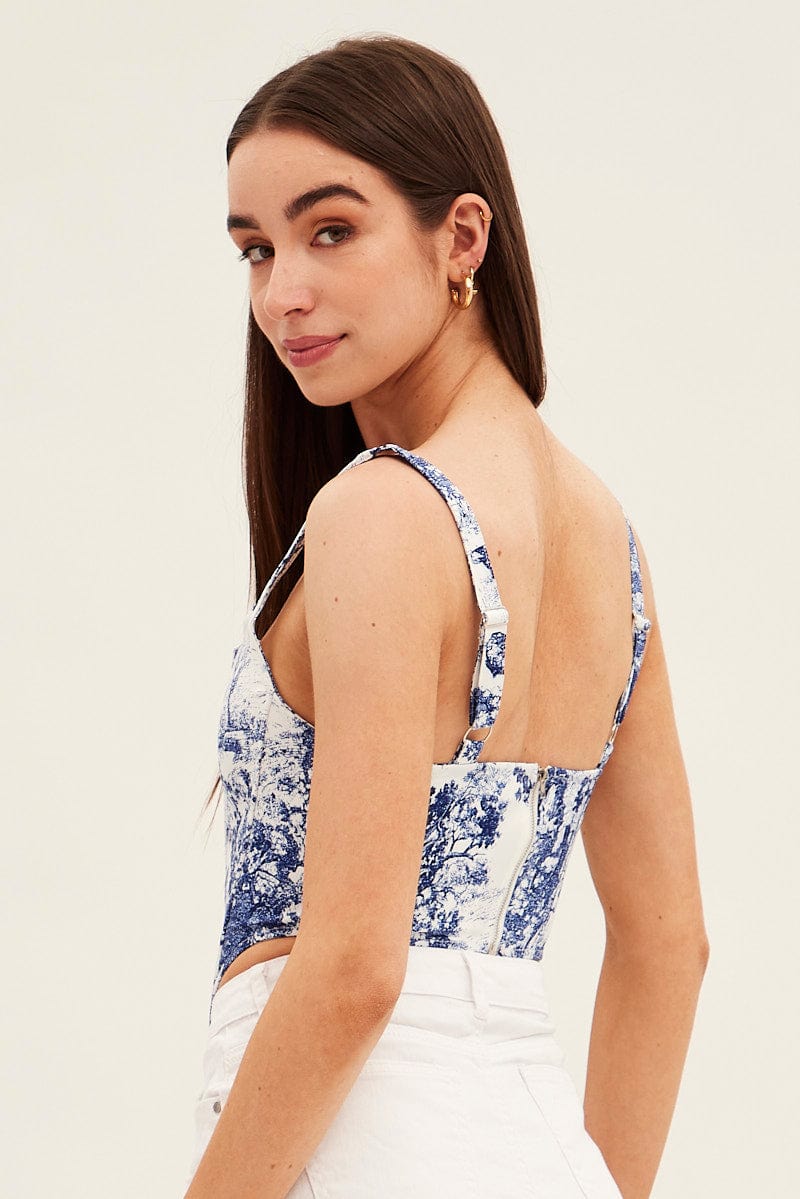 Blue Print Corset Top Sleeveless Square Neck Crop for Ally Fashion