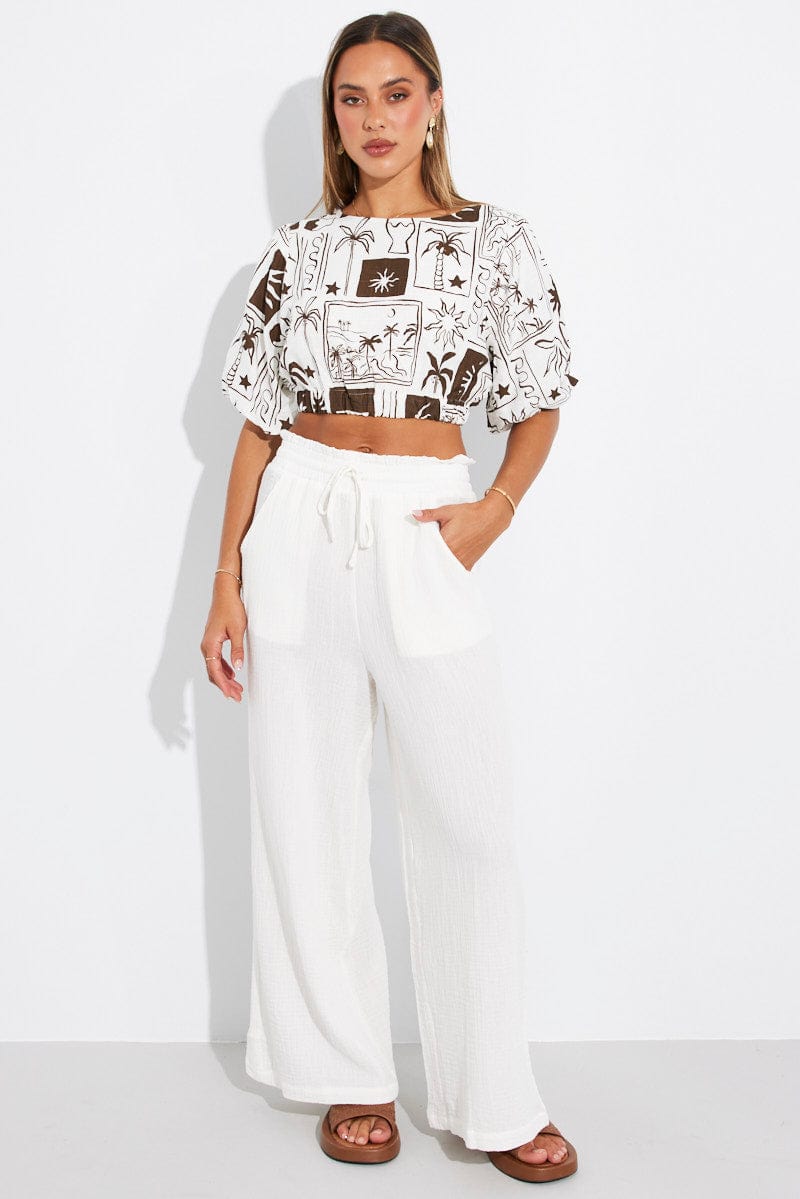 Brown Abstract Crop Top Puff Sleeve Linen for Ally Fashion