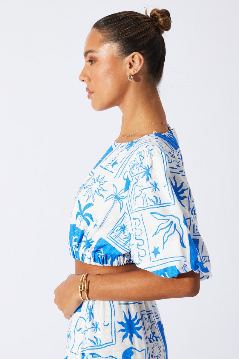 Blue Abstract Crop Top Short Sleeve for Ally Fashion