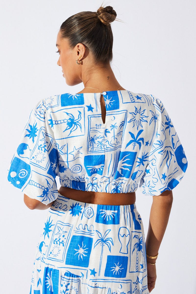 Blue Abstract Crop Top Short Sleeve for Ally Fashion