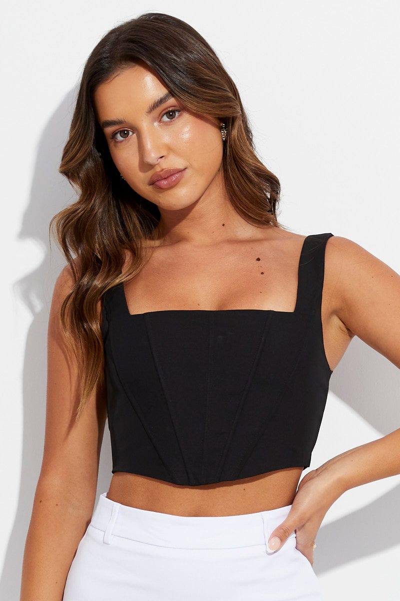 Black Corset Top Sleeveless Square Neck Crop Structured for Ally Fashion