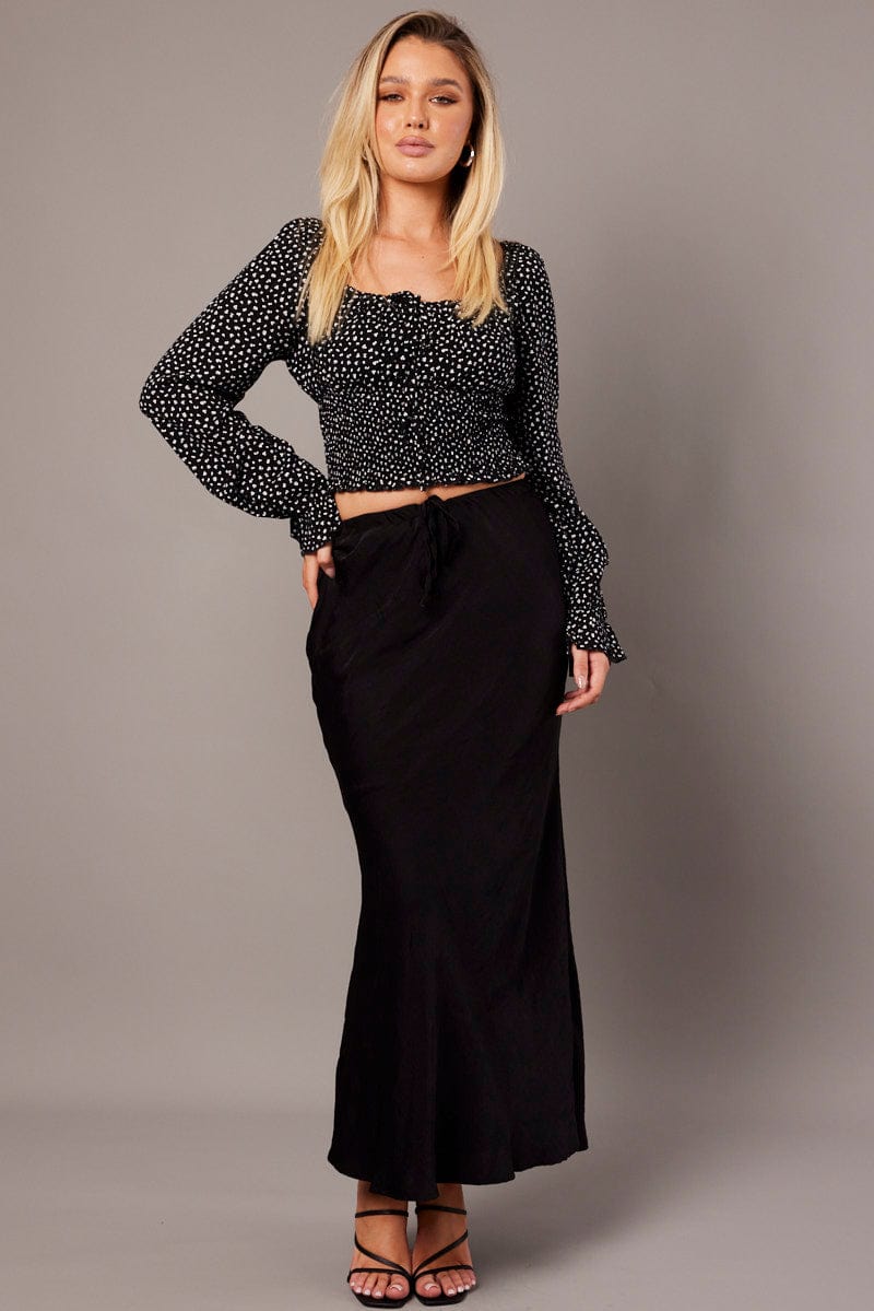 Black Ditsy Crop Top Long Sleeve Shirred Waist for Ally Fashion