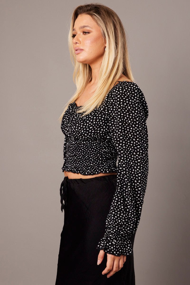 Black Ditsy Crop Top Long Sleeve Shirred Waist for Ally Fashion