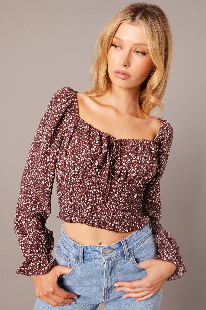 Brown Ditsy Crop Top Long Sleeve Shirred Waist for Ally Fashion