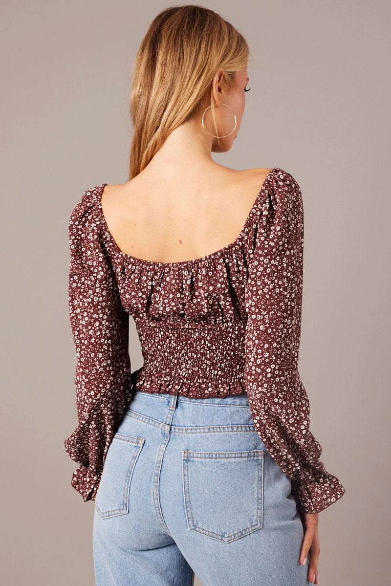 Brown Ditsy Crop Top Long Sleeve Shirred Waist for Ally Fashion