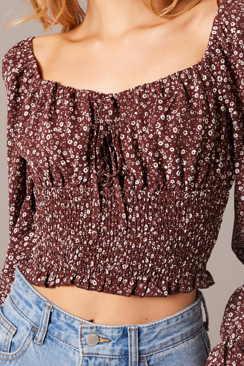 Brown Ditsy Crop Top Long Sleeve Shirred Waist for Ally Fashion