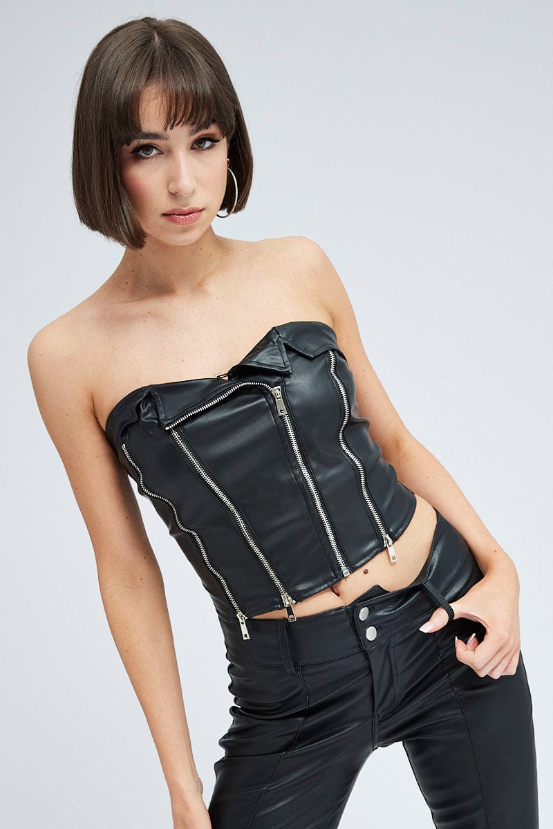 Black Top Sleeveless Strapless Biker Zip Faux Leather for Ally Fashion
