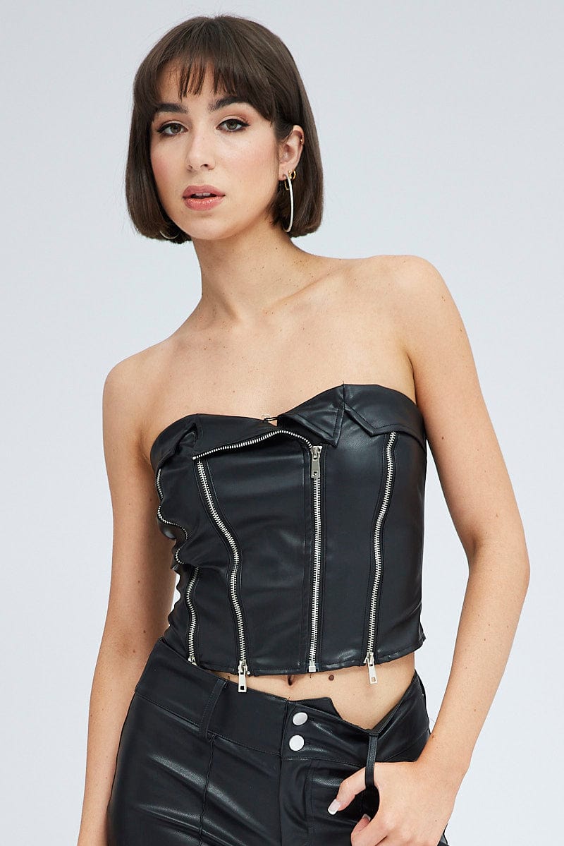 Black Top Sleeveless Strapless Biker Zip Faux Leather for Ally Fashion