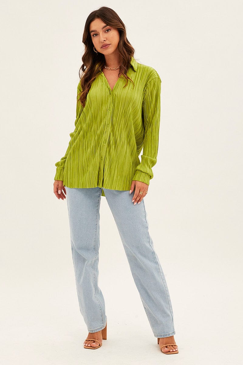 Green Plisse Shirt Long Sleeve V Neck Longline for Ally Fashion