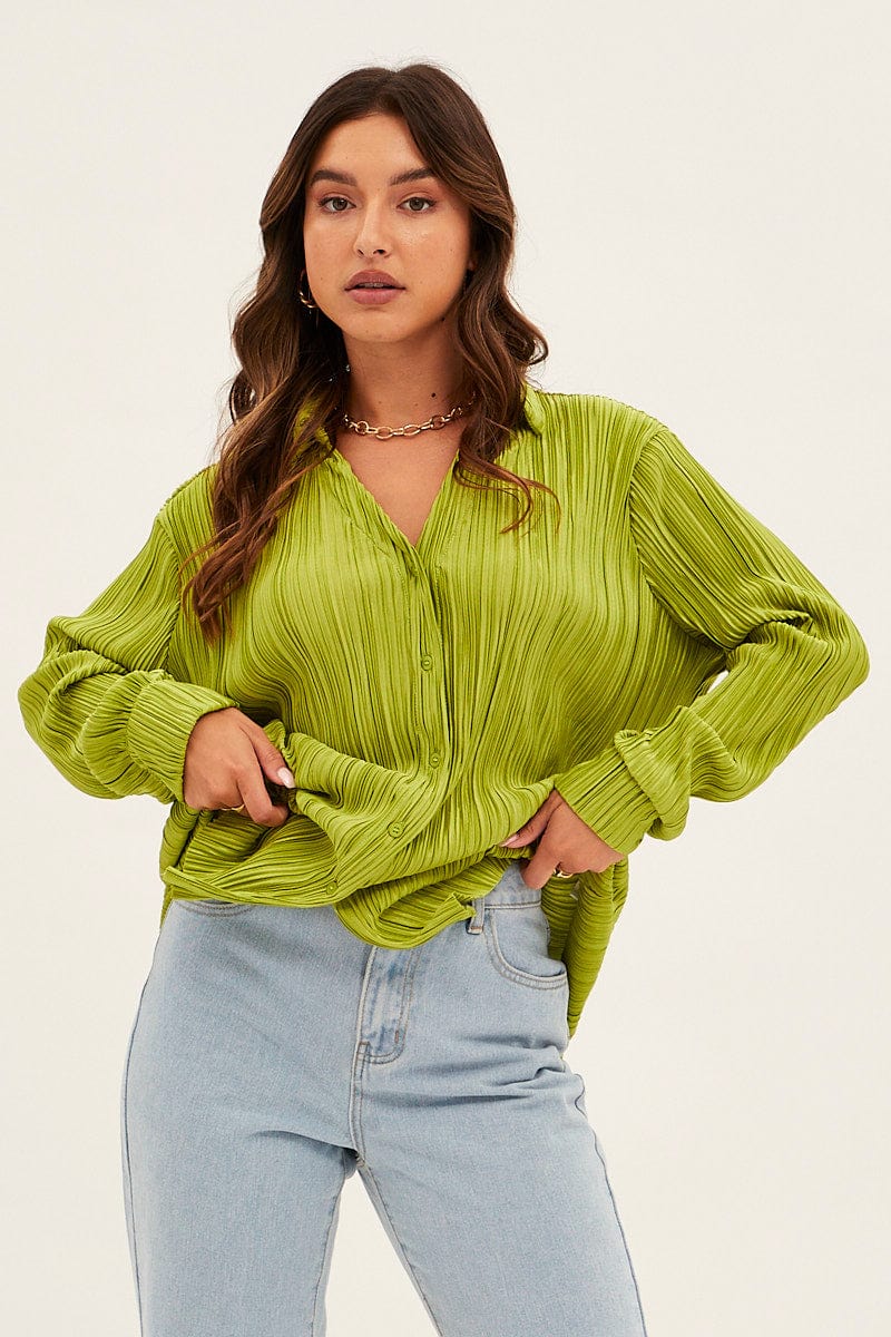 Green Plisse Shirt Long Sleeve V Neck Longline for Ally Fashion