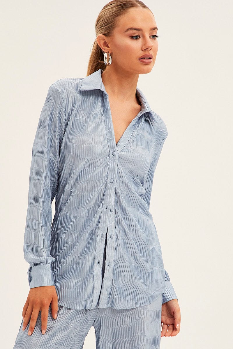 Blue Plisse Shirt Long Sleeve Collared Longline for Ally Fashion