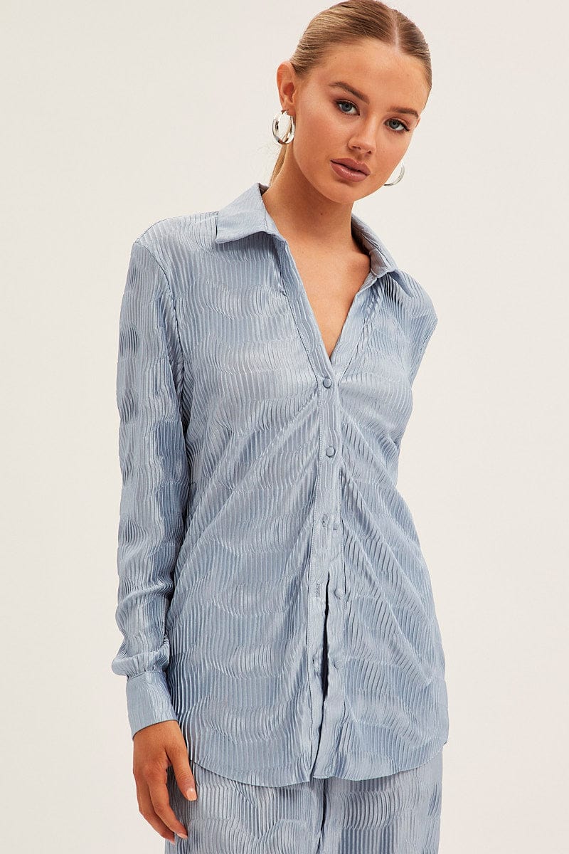 Blue Plisse Shirt Long Sleeve Collared Longline for Ally Fashion